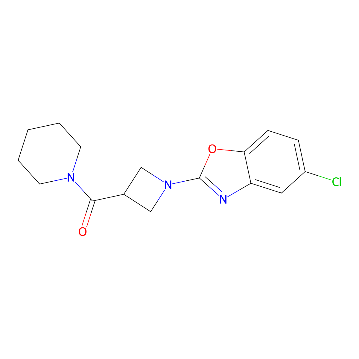 5-Chloro-2-[3-(piperidine-1-carbonyl)azetidin-1-yl]-1,3-benzoxazole molecular structure, CAS 3054619-75-6