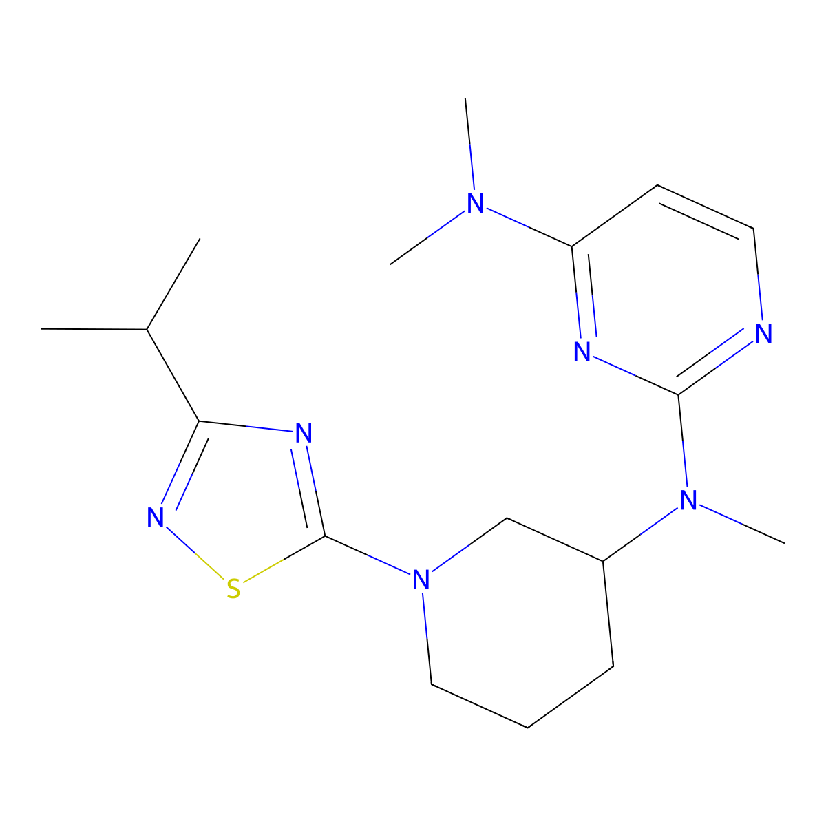 N2,N4,N4-trimethyl-N2-{1-[3-(propan-2-yl)-1,2,4-thiadiazol-5-yl]piperidin-3-yl}pyrimidine-2,4-diamine molecular structure, CAS 3054619-79-0