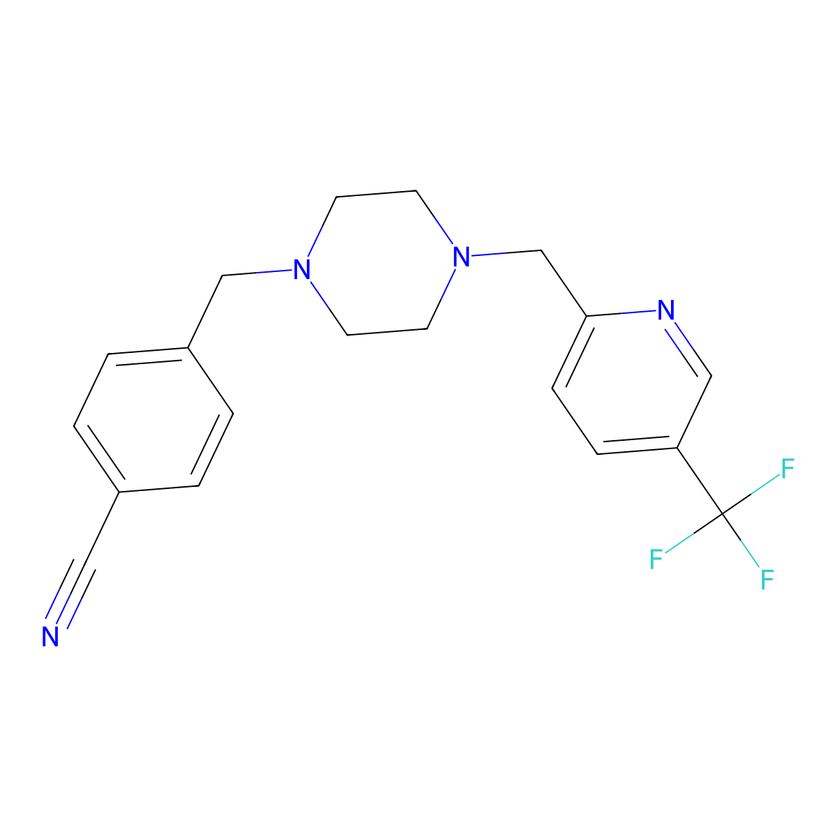4-[(4-{[5-(Trifluoromethyl)pyridin-2-yl]methyl}piperazin-1-yl)methyl]benzonitrile molecular structure, CAS 3054619-99-4
