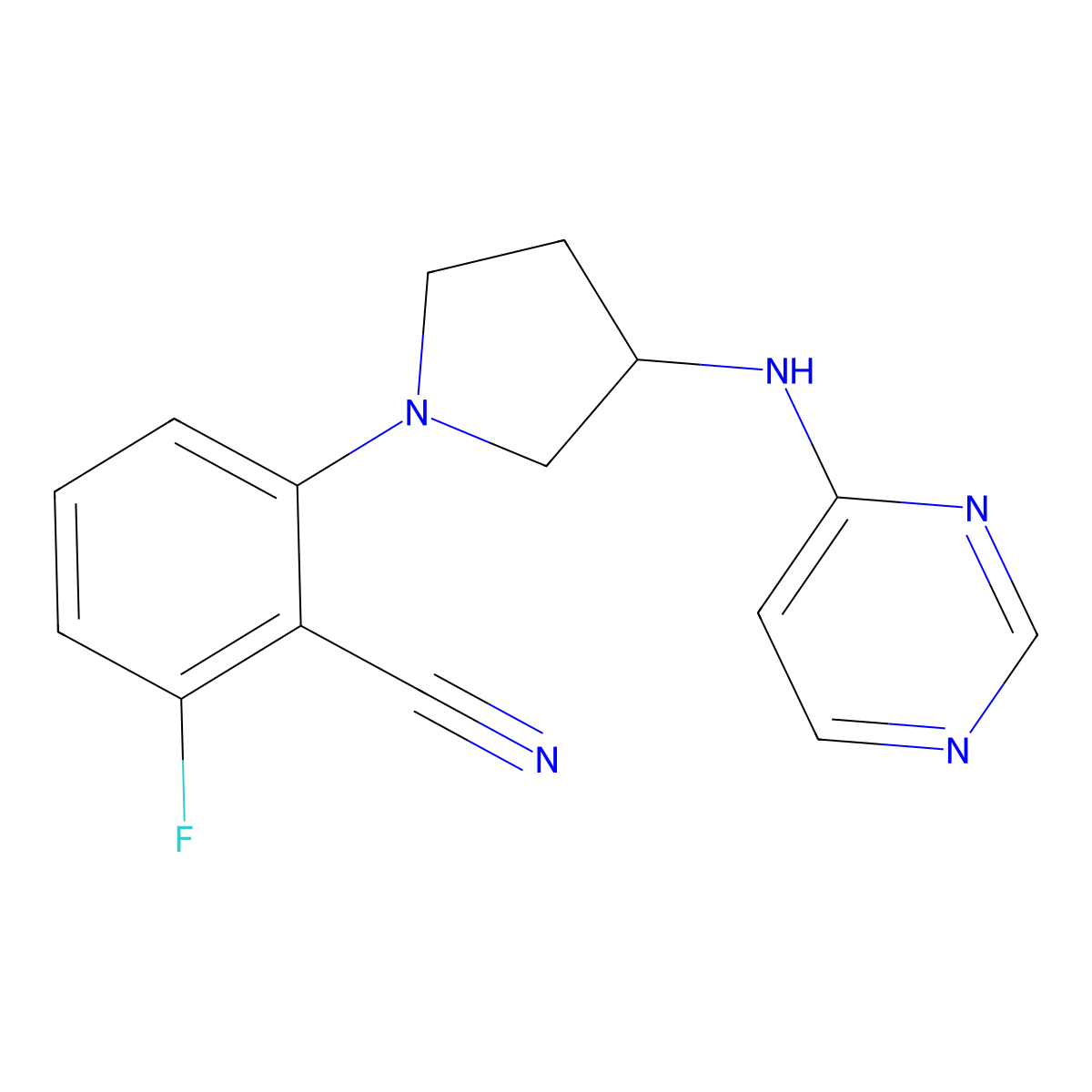2-Fluoro-6-{3-[(pyrimidin-4-yl)amino]pyrrolidin-1-yl}benzonitrile molecular structure, CAS 3054620-05-9