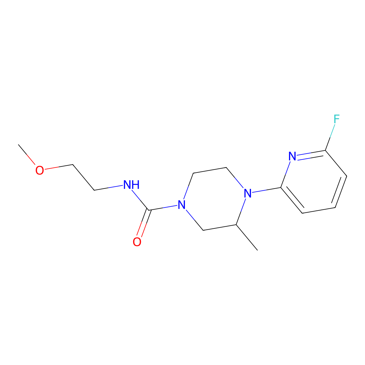 4-(6-fluoropyridin-2-yl)-N-(2-methoxyethyl)-3-methylpiperazine-1-carboxamide molecular structure, CAS 3054620-06-0