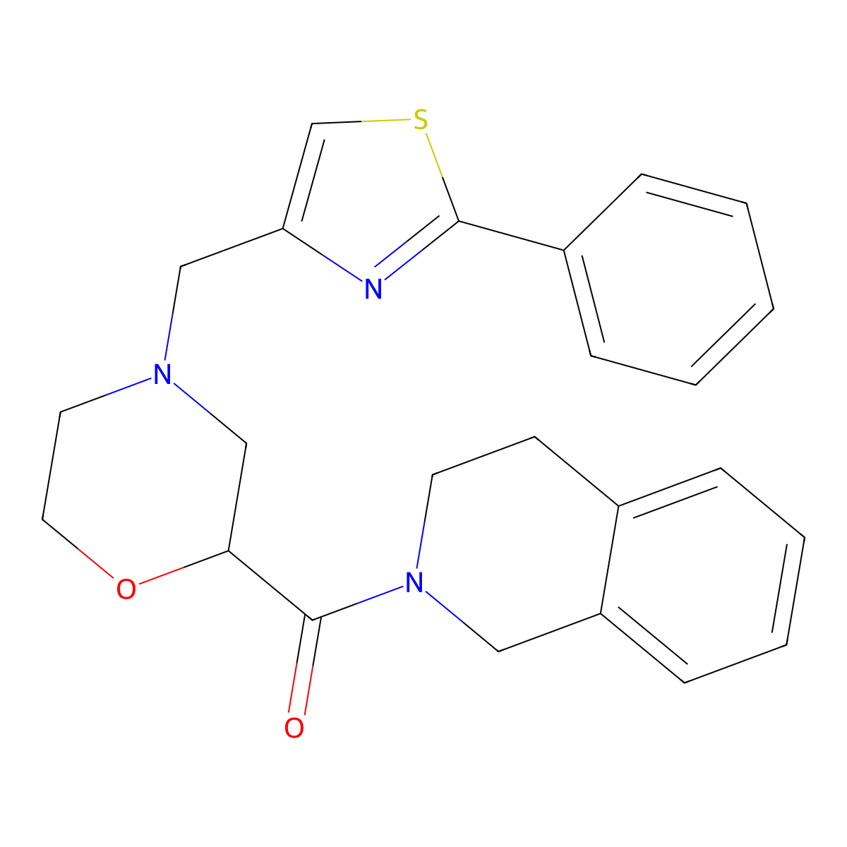2-{4-[(2-Phenyl-1,3-thiazol-4-yl)methyl]morpholine-2-carbonyl}-1,2,3,4-tetrahydroisoquinoline molecular structure, CAS 3054620-07-1