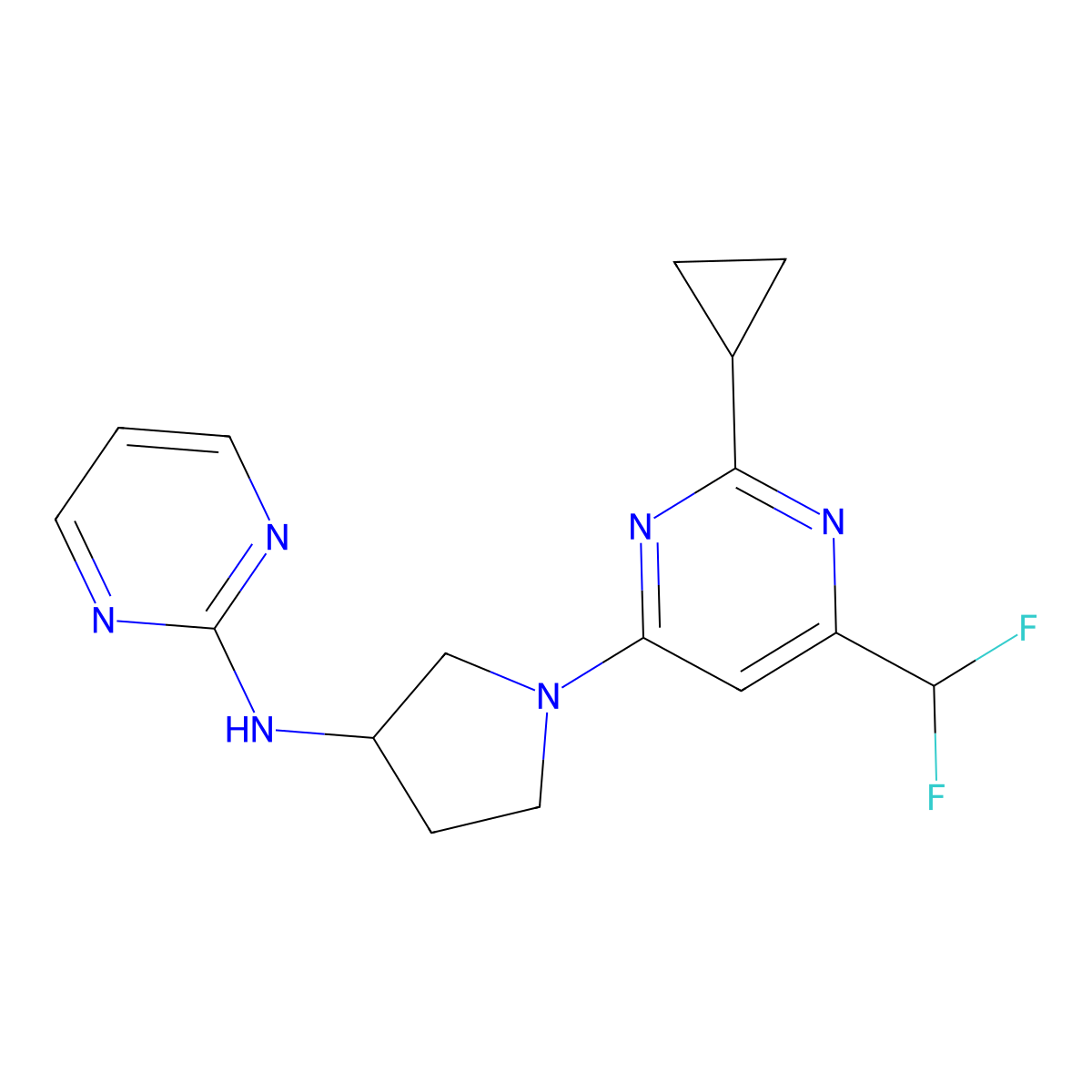 N-{1-[2-cyclopropyl-6-(difluoromethyl)pyrimidin-4-yl]pyrrolidin-3-yl}pyrimidin-2-amine molecular structure, CAS 3054620-08-2