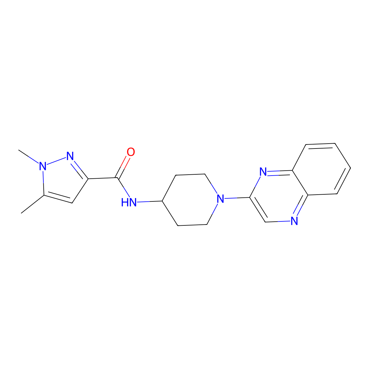 1,5-dimethyl-N-[1-(quinoxalin-2-yl)piperidin-4-yl]-1H-pyrazole-3-carboxamide molecular structure, CAS 3054620-15-1