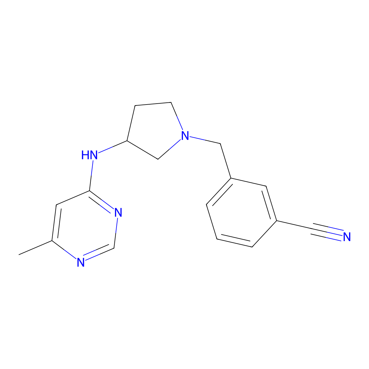 3-({3-[(6-Methylpyrimidin-4-yl)amino]pyrrolidin-1-yl}methyl)benzonitrile molecular structure, CAS 3054620-16-2