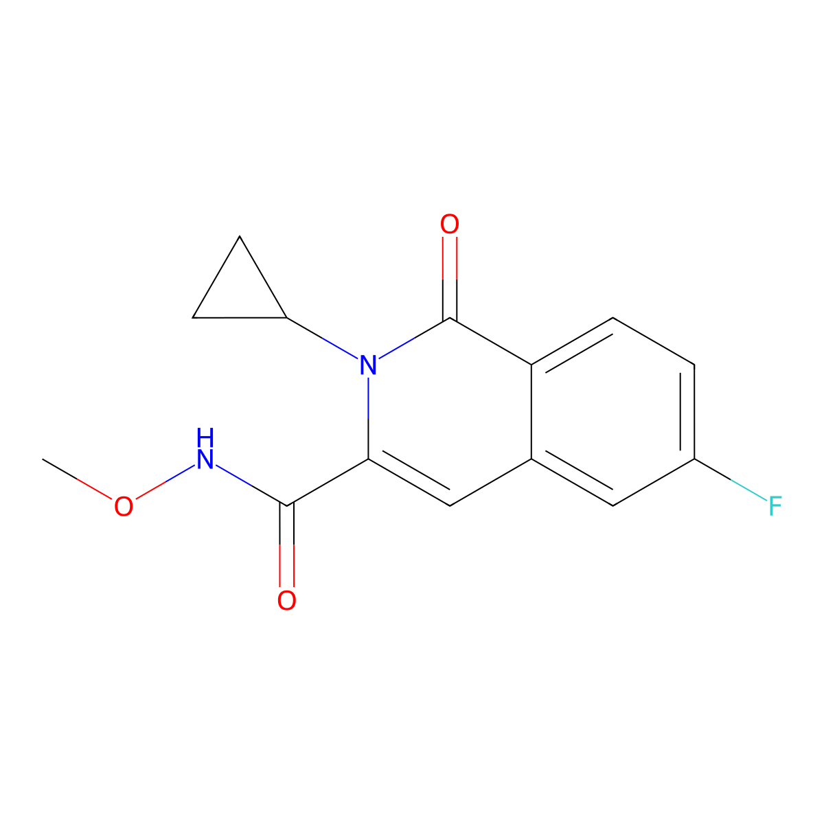 2-cyclopropyl-6-fluoro-N-methoxy-1-oxo-1,2-dihydroisoquinoline-3-carboxamide molecular structure, CAS 3054620-19-5