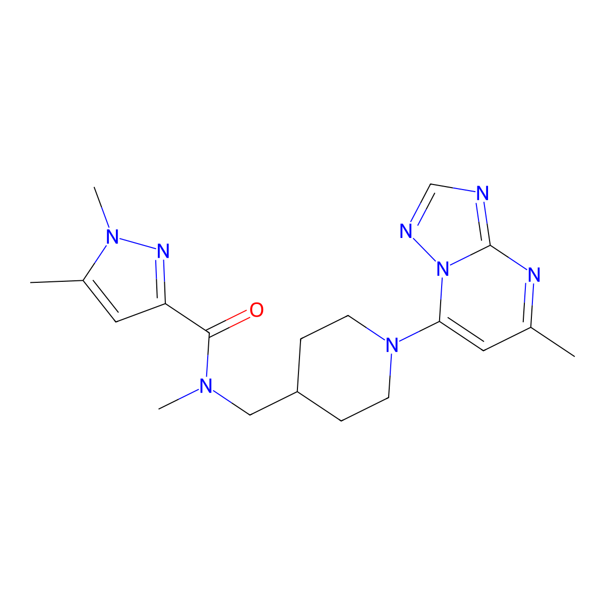 N,1,5-trimethyl-N-[(1-{5-methyl-[1,2,4]triazolo[1,5-a]pyrimidin-7-yl}piperidin-4-yl)methyl]-1H-pyrazole-3-carboxamide molecular structure, CAS 3054620-25-3
