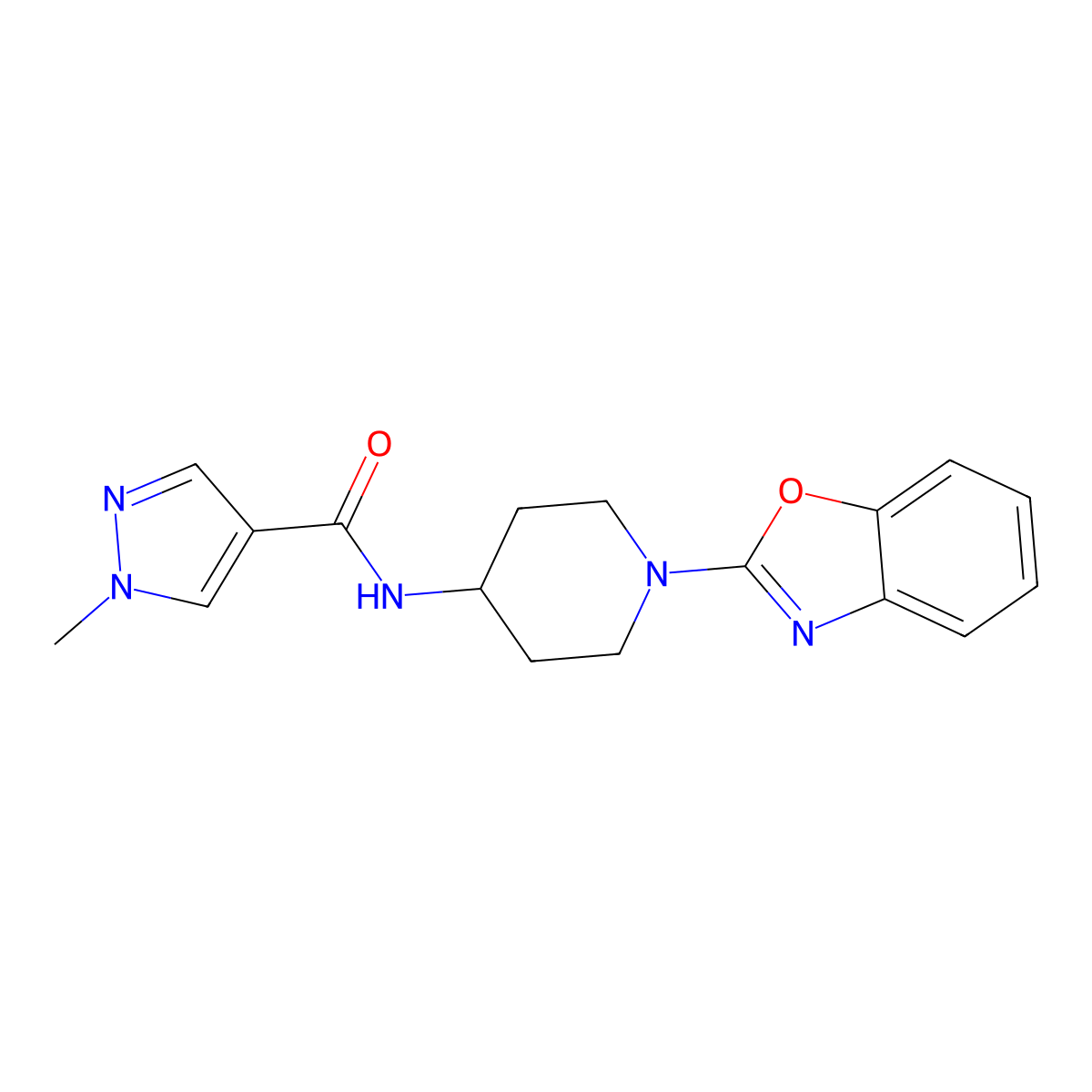 N-[1-(1,3-benzoxazol-2-yl)piperidin-4-yl]-1-methyl-1H-pyrazole-4-carboxamide molecular structure, CAS 3054620-28-6