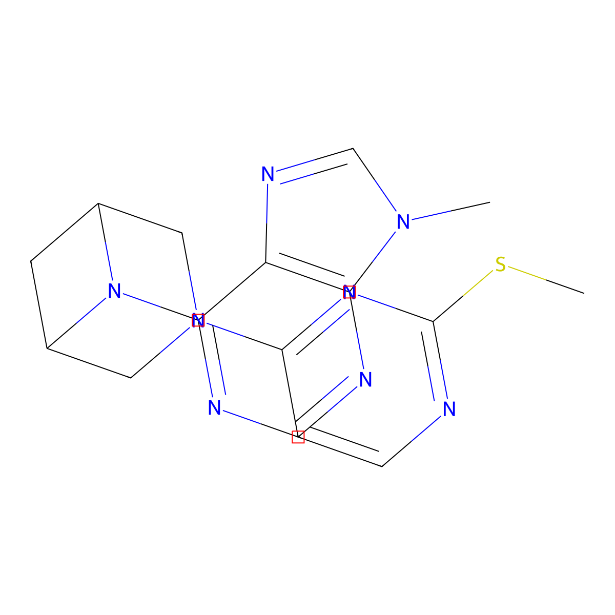 9-methyl-6-{3-[2-(methylsulfanyl)pyrimidin-4-yl]-3,6-diazabicyclo[3.1.1]heptan-6-yl}-9H-purine molecular structure, CAS 3054620-34-4