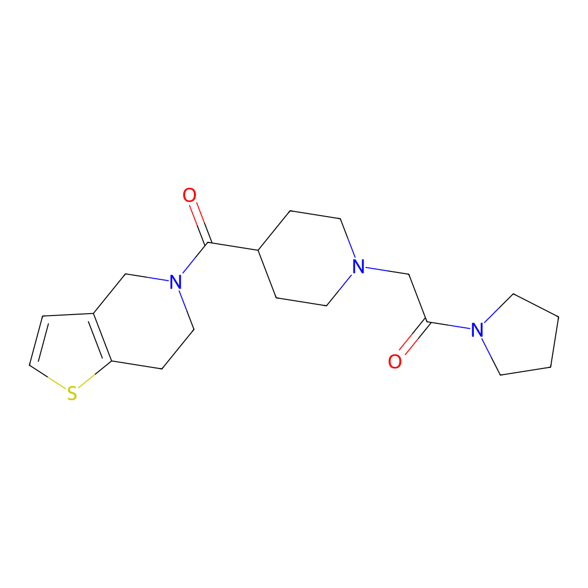 1-(pyrrolidin-1-yl)-2-(4-{4H,5H,6H,7H-thieno[3,2-c]pyridine-5-carbonyl}piperidin-1-yl)ethan-1-one molecular structure, CAS 3054620-38-8