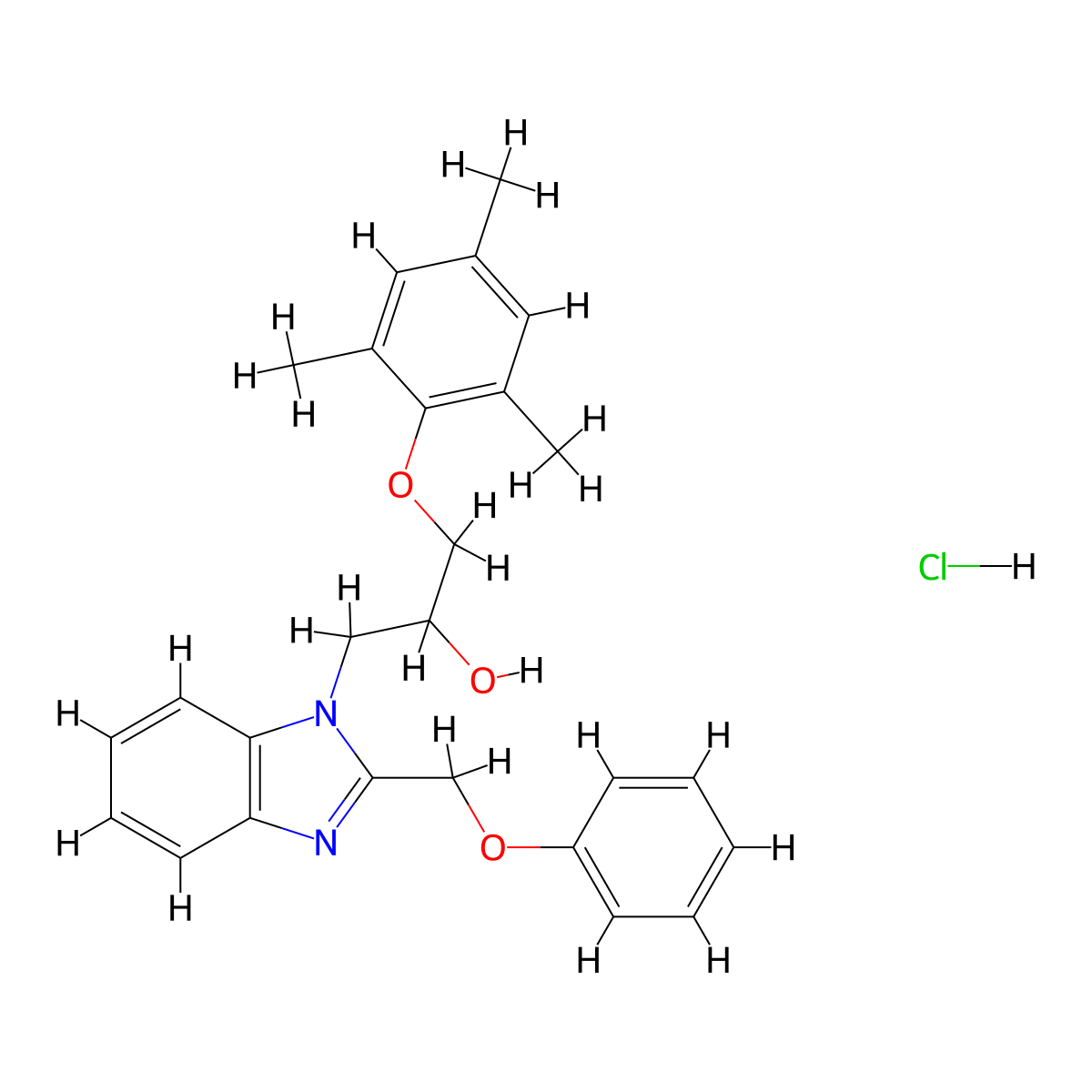1-[2-(phenoxymethyl)-1H-1,3-benzodiazol-1-yl]-3-(2,4,6-trimethylphenoxy)propan-2-ol hydrochloride molecular structure, CAS 3054620-42-4
