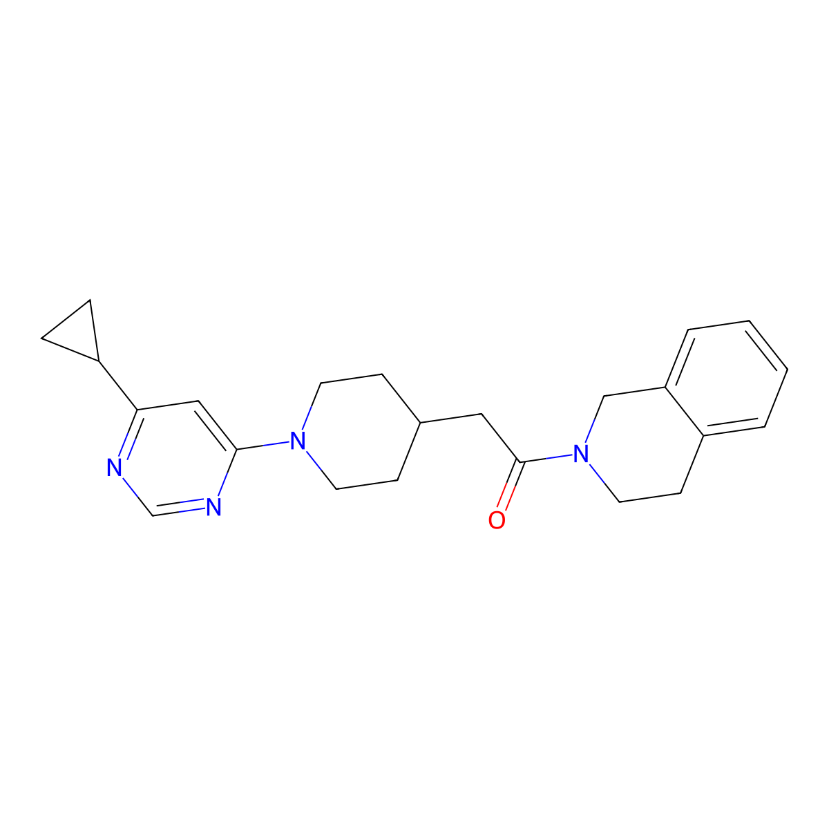2-[1-(6-Cyclopropylpyrimidin-4-yl)piperidin-4-yl]-1-(1,2,3,4-tetrahydroisoquinolin-2-yl)ethan-1-one molecular structure, CAS 3054620-53-7