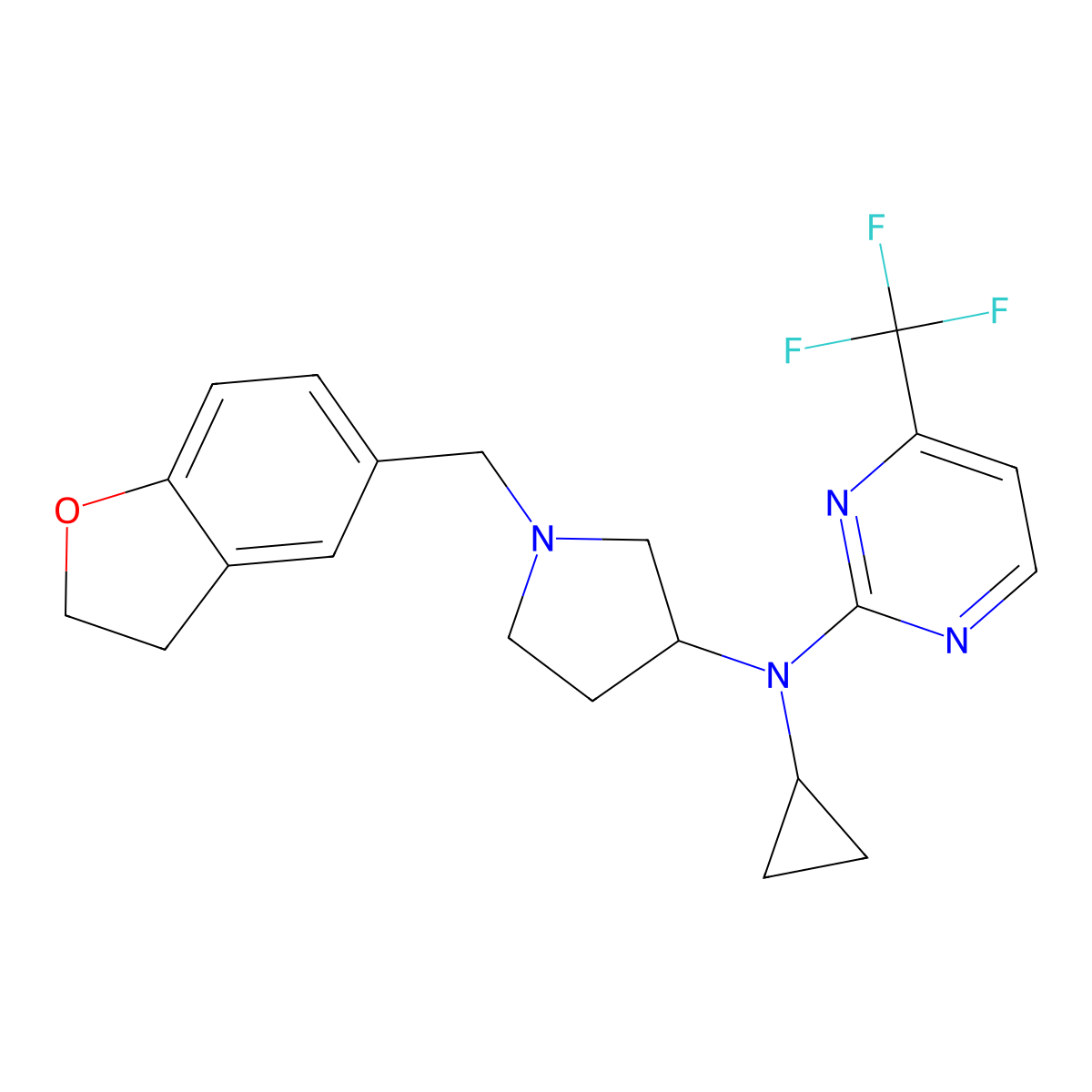 N-cyclopropyl-N-{1-[(2,3-dihydro-1-benzofuran-5-yl)methyl]pyrrolidin-3-yl}-4-(trifluoromethyl)pyrimidin-2-amine molecular structure, CAS 3054620-55-9