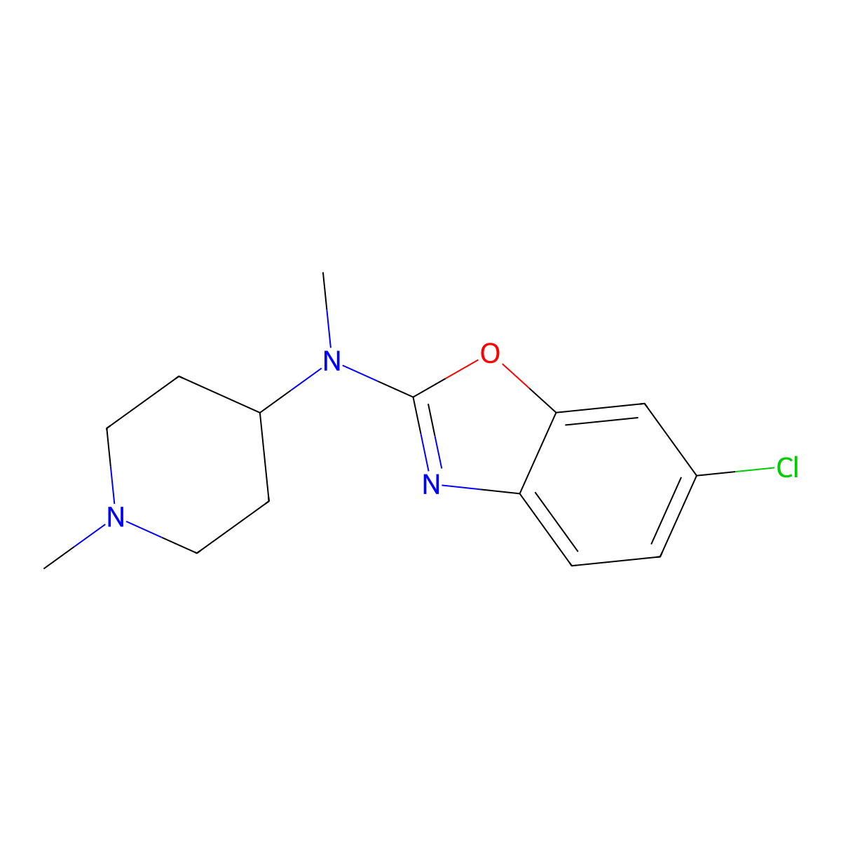 6-chloro-N-methyl-N-(1-methylpiperidin-4-yl)-1,3-benzoxazol-2-amine molecular structure, CAS 3054620-64-0