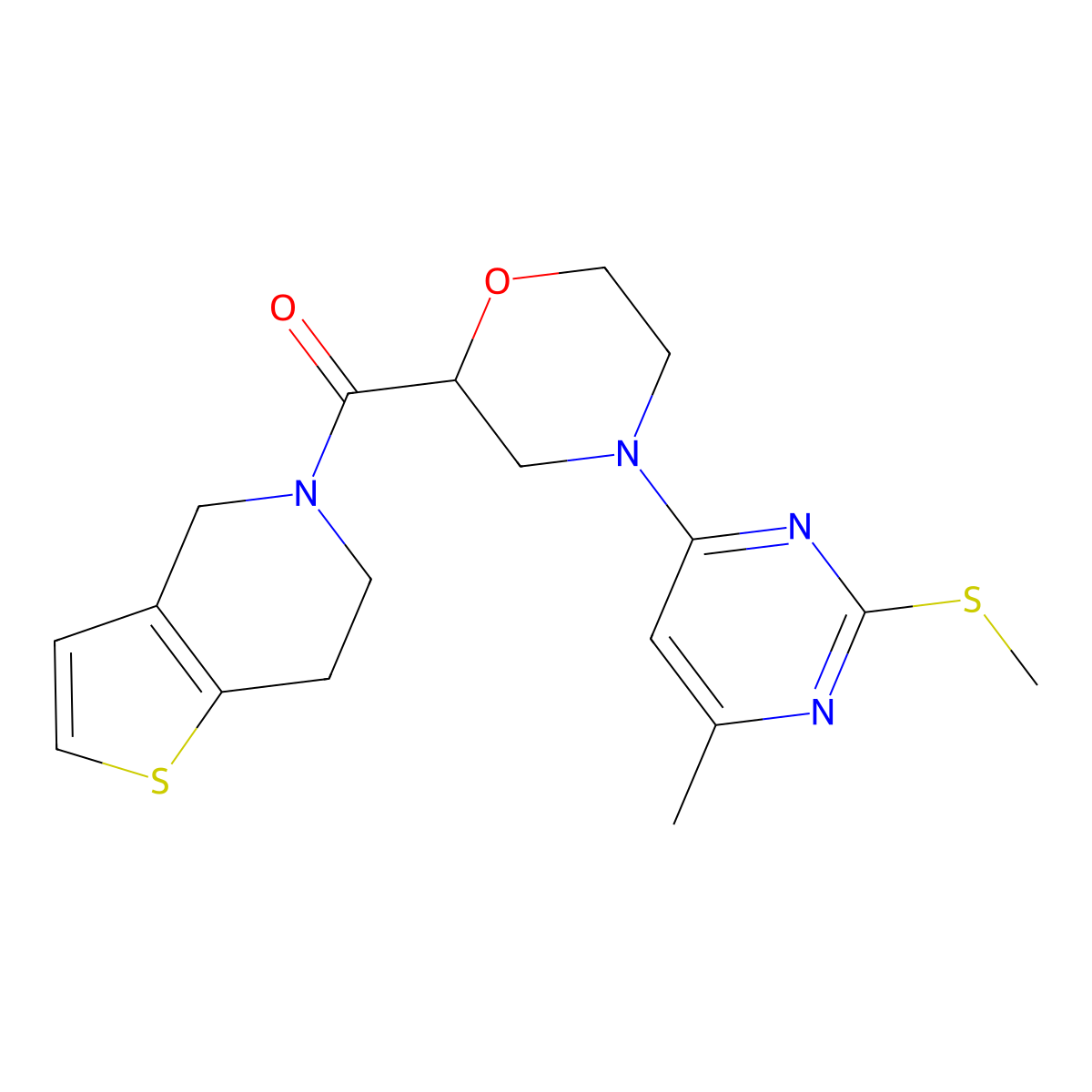4-[6-methyl-2-(methylsulfanyl)pyrimidin-4-yl]-2-{4H,5H,6H,7H-thieno[3,2-c]pyridine-5-carbonyl}morpholine molecular structure, CAS 3054620-76-4
