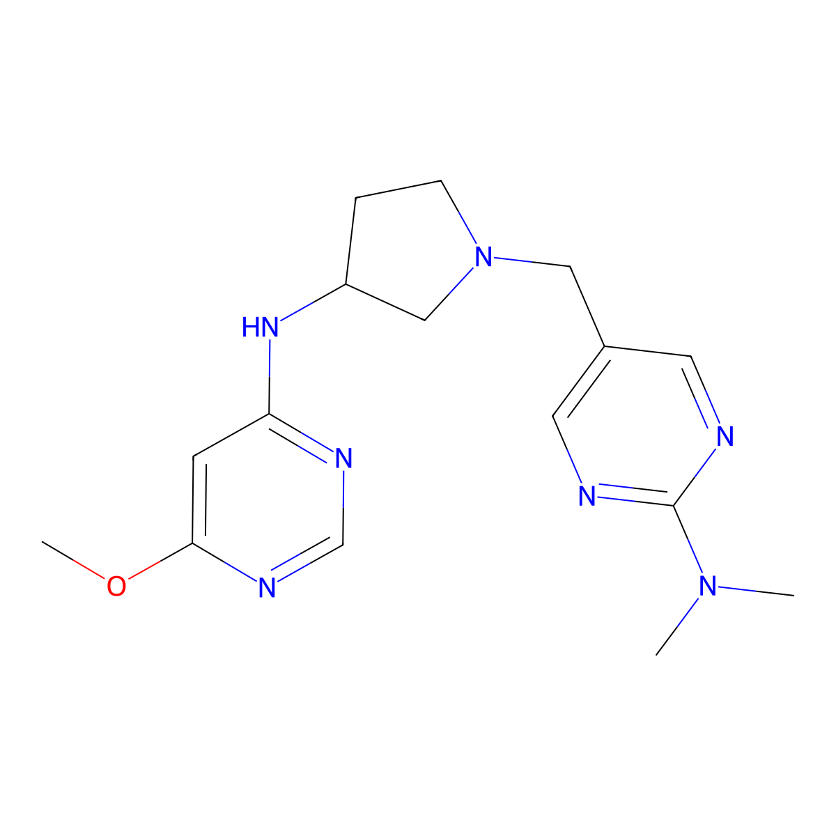 5-({3-[(6-methoxypyrimidin-4-yl)amino]pyrrolidin-1-yl}methyl)-N,N-dimethylpyrimidin-2-amine molecular structure, CAS 3054620-80-0