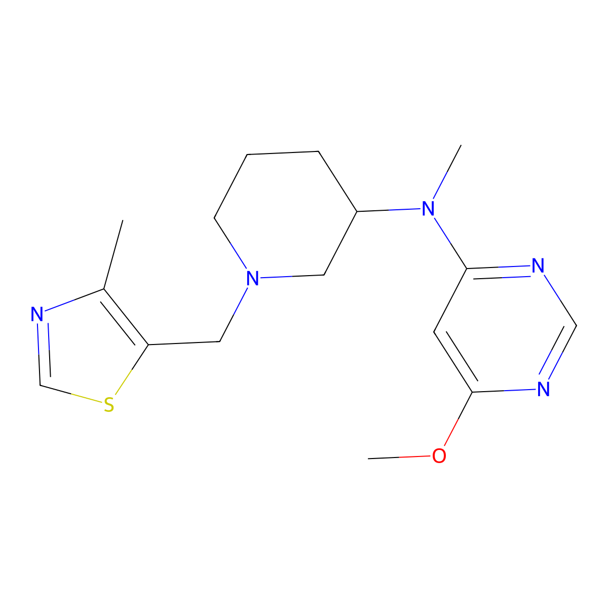 6-methoxy-N-methyl-N-[1-[(4-methyl-1,3-thiazol-5-yl)methyl]piperidin-3-yl]pyrmidin-4-amine molecular structure, CAS 3054620-81-1