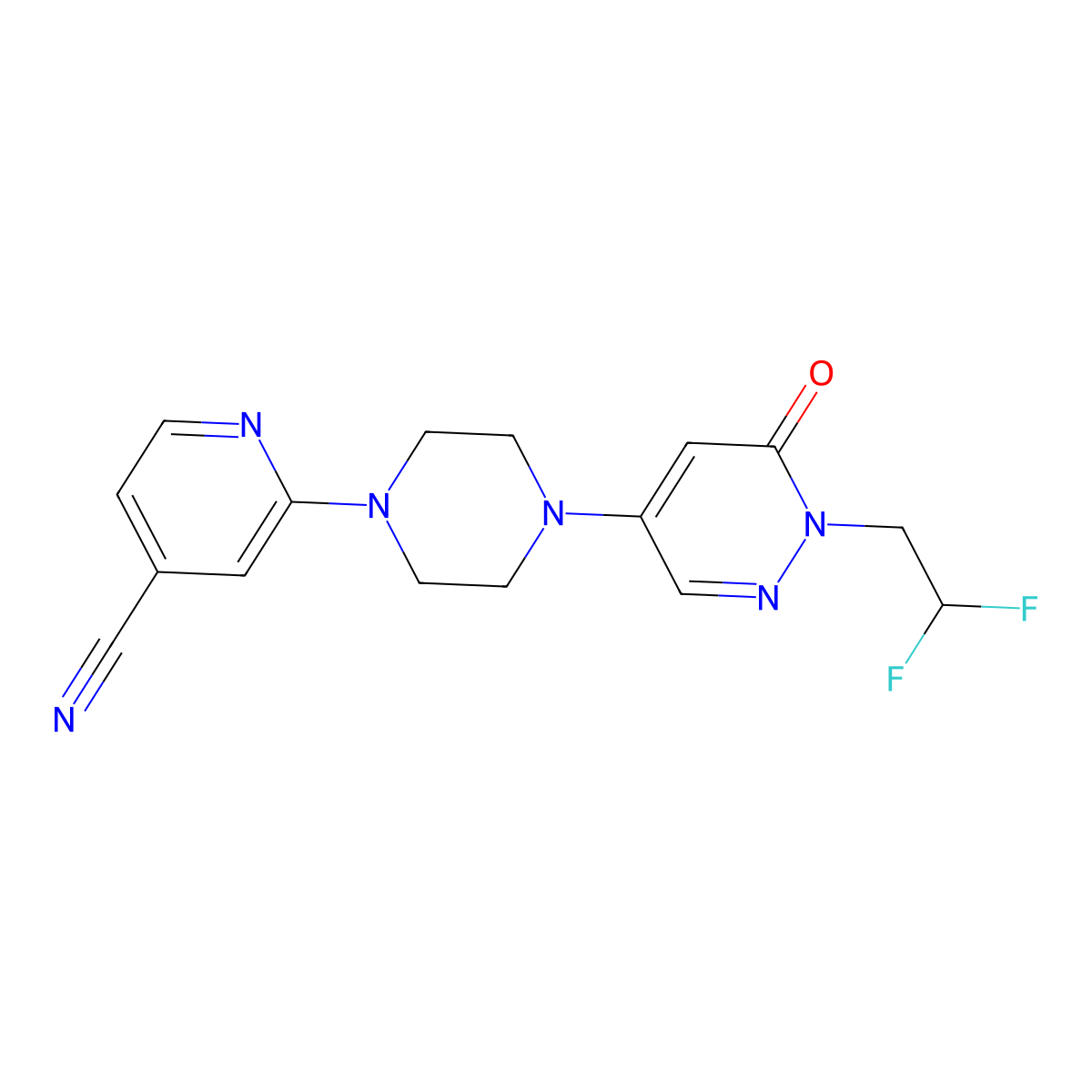 2-{4-[1-(2,2-Difluoroethyl)-6-oxo-1,6-dihydropyridazin-4-yl]piperazin-1-yl}pyridine-4-carbonitrile molecular structure, CAS 3054620-83-3