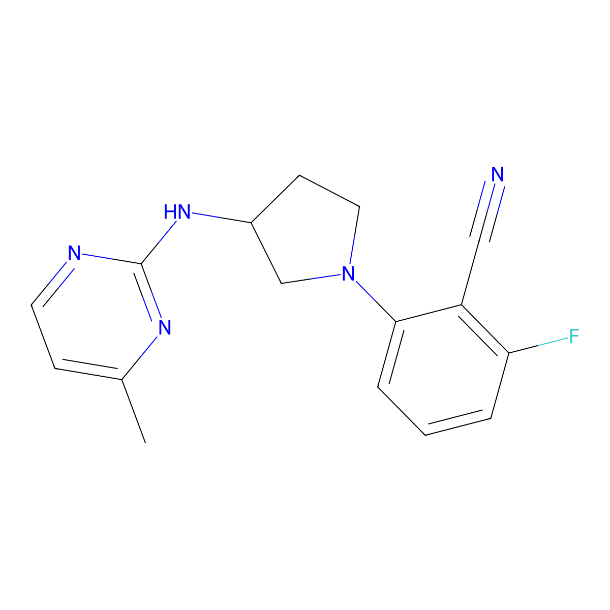 2-Fluoro-6-{3-[(4-methylpyrimidin-2-yl)amino]pyrrolidin-1-yl}benzonitrile molecular structure, CAS 3054620-93-5