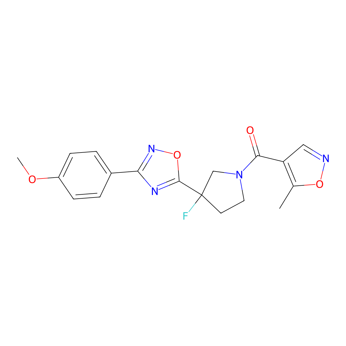 5-[3-Fluoro-1-(5-methyl-1,2-oxazole-4-carbonyl)pyrrolidin-3-yl]-3-(4-methoxyphenyl)-1,2,4-oxadiazole molecular structure, CAS 3054620-94-6
