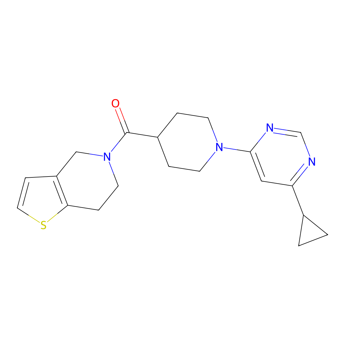 4-cyclopropyl-6-(4-{4H,5H,6H,7H-thieno[3,2-c]pyridine-5-carbonyl}piperidin-1-yl)pyrimidine molecular structure, CAS 3054620-95-7