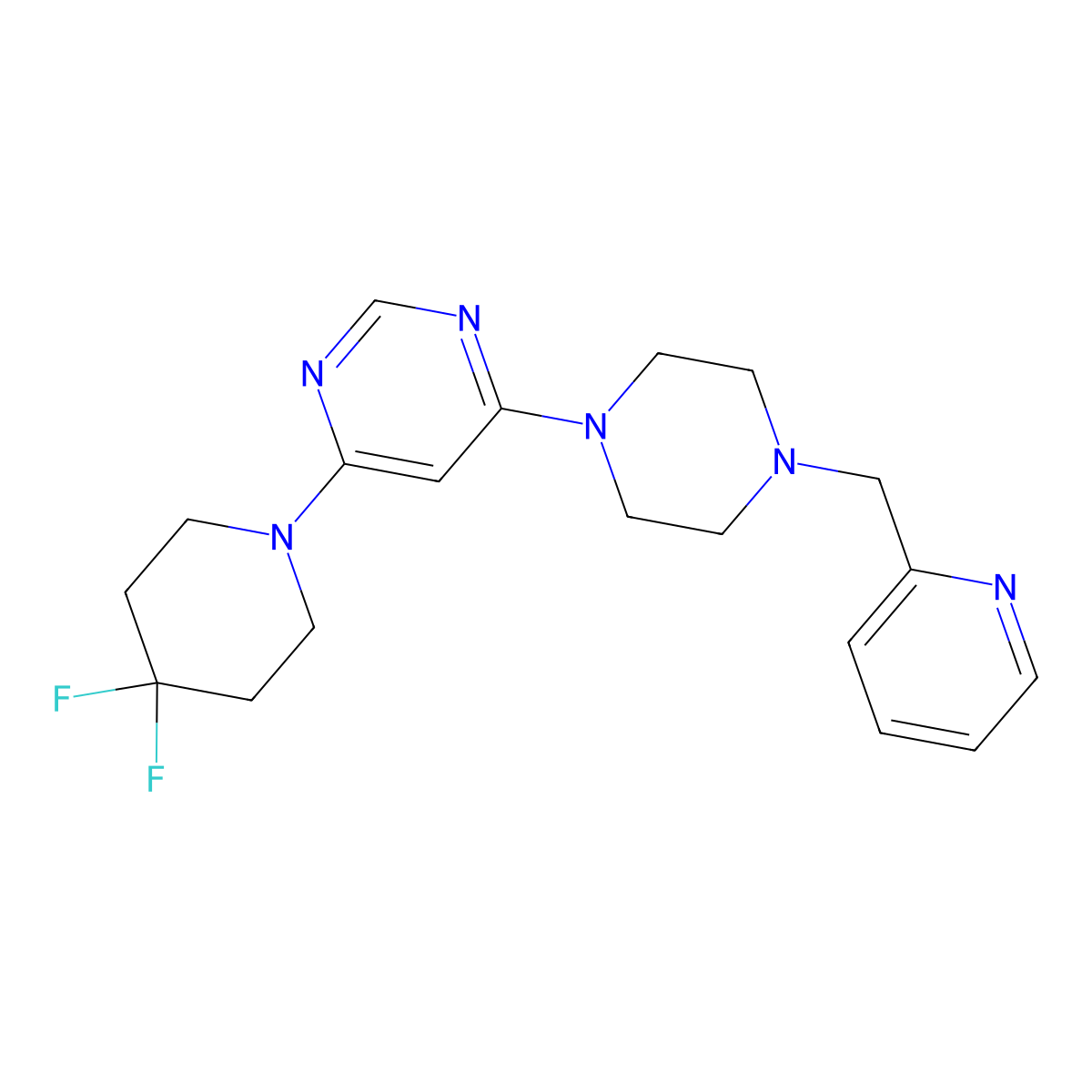 4-(4,4-Difluoropiperidin-1-yl)-6-{4-[(pyridin-2-yl)methyl]piperazin-1-yl}pyrimidine molecular structure, CAS 3054620-96-8