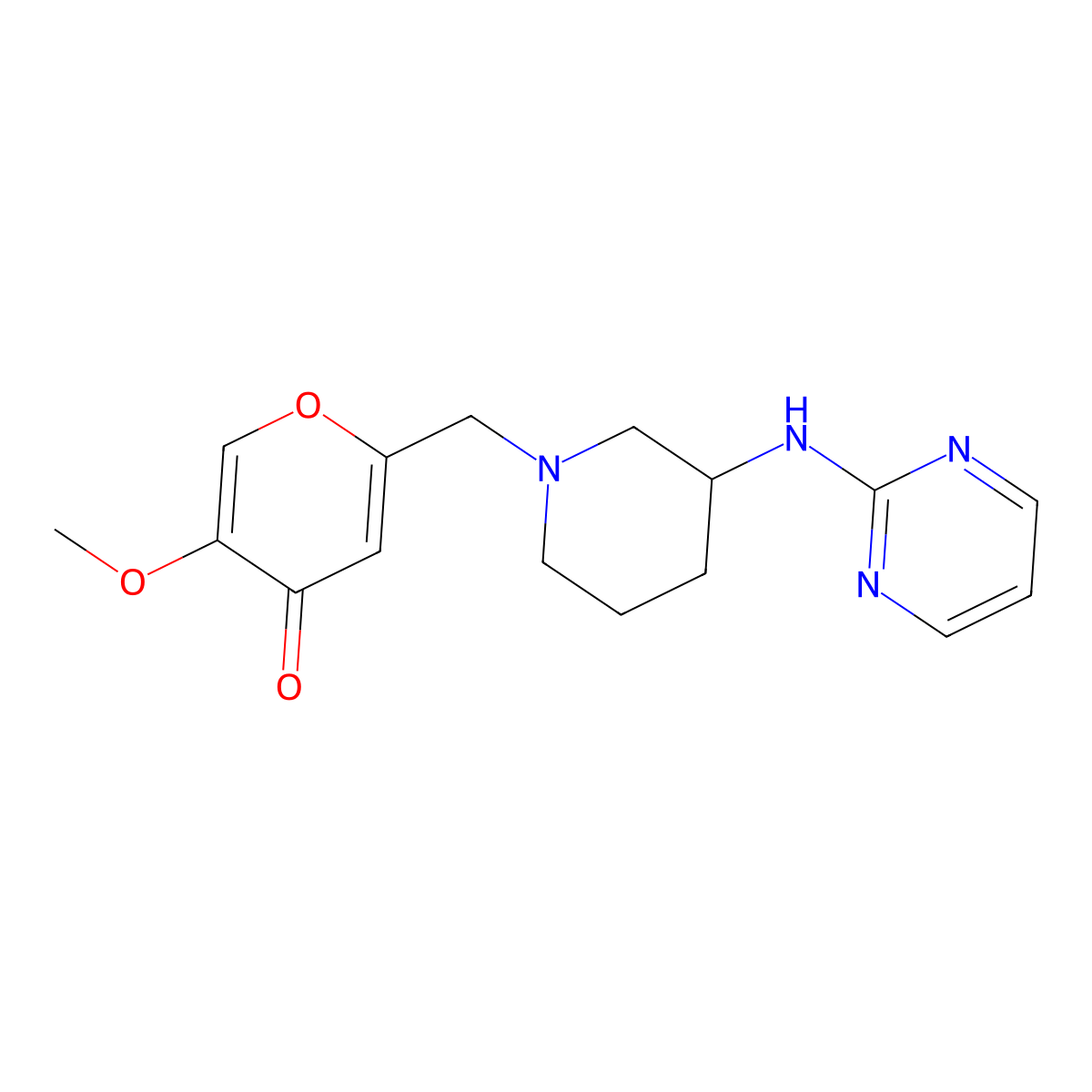 5-methoxy-2-({3-[(pyrimidin-2-yl)amino]piperidin-1-yl}methyl)-4H-pyran-4-one molecular structure, CAS 3054620-97-9