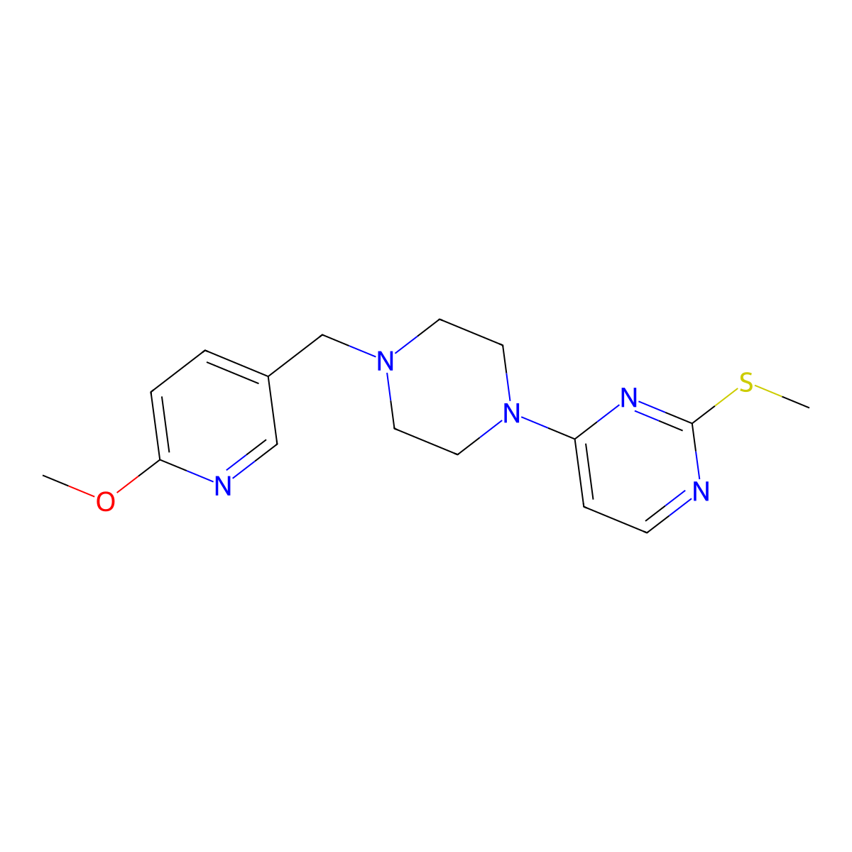 4-{4-[(6-Methoxypyridin-3-yl)methyl]piperazin-1-yl}-2-(methylsulfanyl)pyrimidine molecular structure, CAS 3054620-99-1