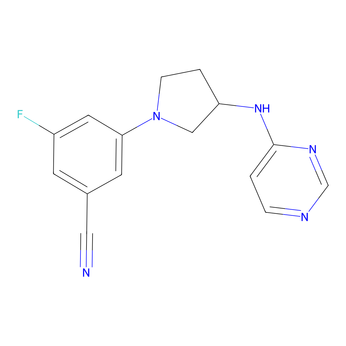 3-Fluoro-5-{3-[(pyrimidin-4-yl)amino]pyrrolidin-1-yl}benzonitrile molecular structure, CAS 3054621-03-0