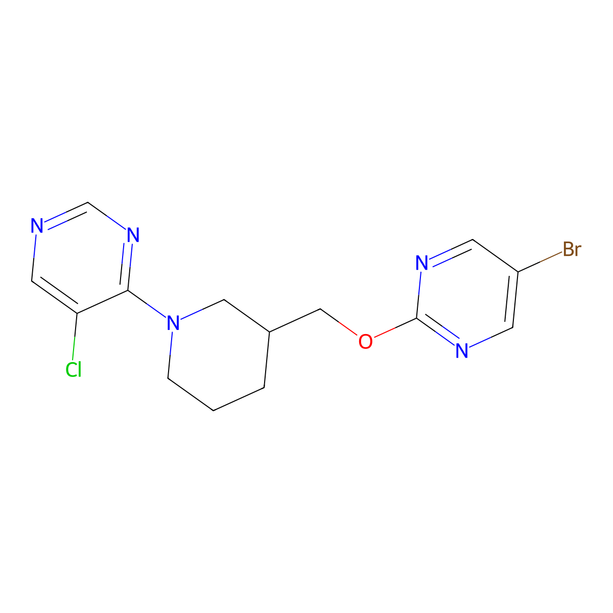 4-(3-{[(5-Bromopyrimidin-2-yl)oxy]methyl}piperidin-1-yl)-5-chloropyrimidine molecular structure, CAS 3054621-06-3