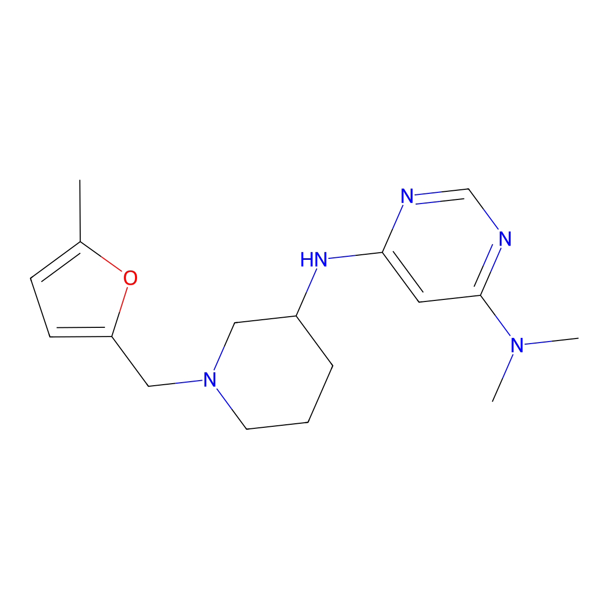 N4,N4-dimethyl-N6-{1-[(5-methylfuran-2-yl)methyl]piperidin-3-yl}pyrimidine-4,6-diamine molecular structure, CAS 3054621-12-1