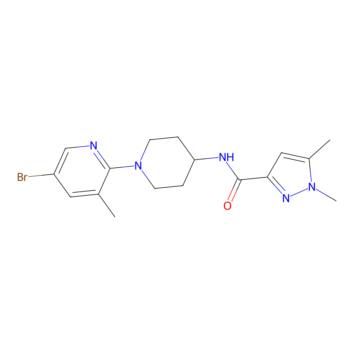 N-[1-(5-bromo-3-methylpyridin-2-yl)piperidin-4-yl]-1,5-dimethyl-1H-pyrazole-3-carboxamide molecular structure, CAS 3054621-24-5