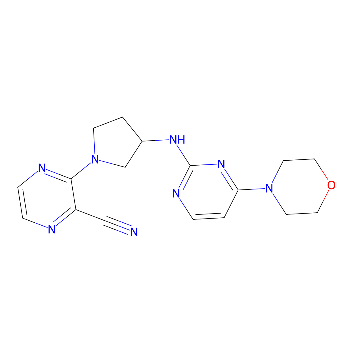 3-(3-{[4-(Morpholin-4-yl)pyrimidin-2-yl]amino}pyrrolidin-1-yl)pyrazine-2-carbonitrile molecular structure, CAS 3054621-31-4