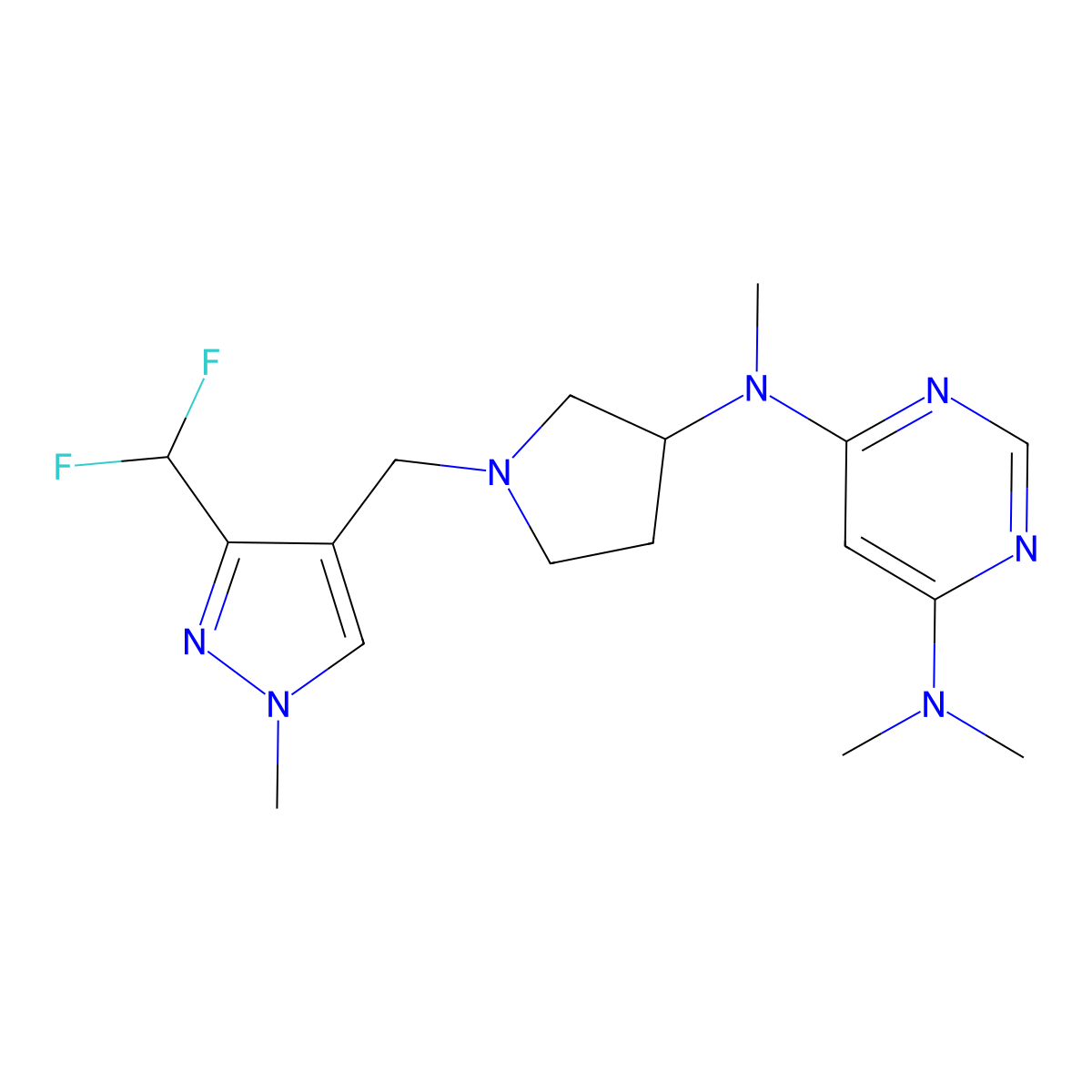 N4-(1-{[3-(difluoromethyl)-1-methyl-1H-pyrazol-4-yl]methyl}pyrrolidin-3-yl)-N4,N6,N6-trimethylpyrimidine-4,6-diamine molecular structure, CAS 3054621-37-0
