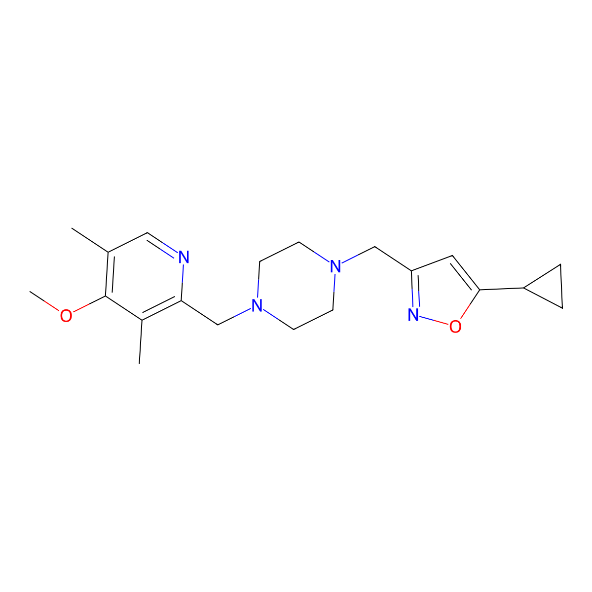 1-[(5-Cyclopropyl-1,2-oxazol-3-yl)methyl]-4-[(4-methoxy-3,5-dimethylpyridin-2-yl)methyl]piperazine molecular structure, CAS 3054621-39-2