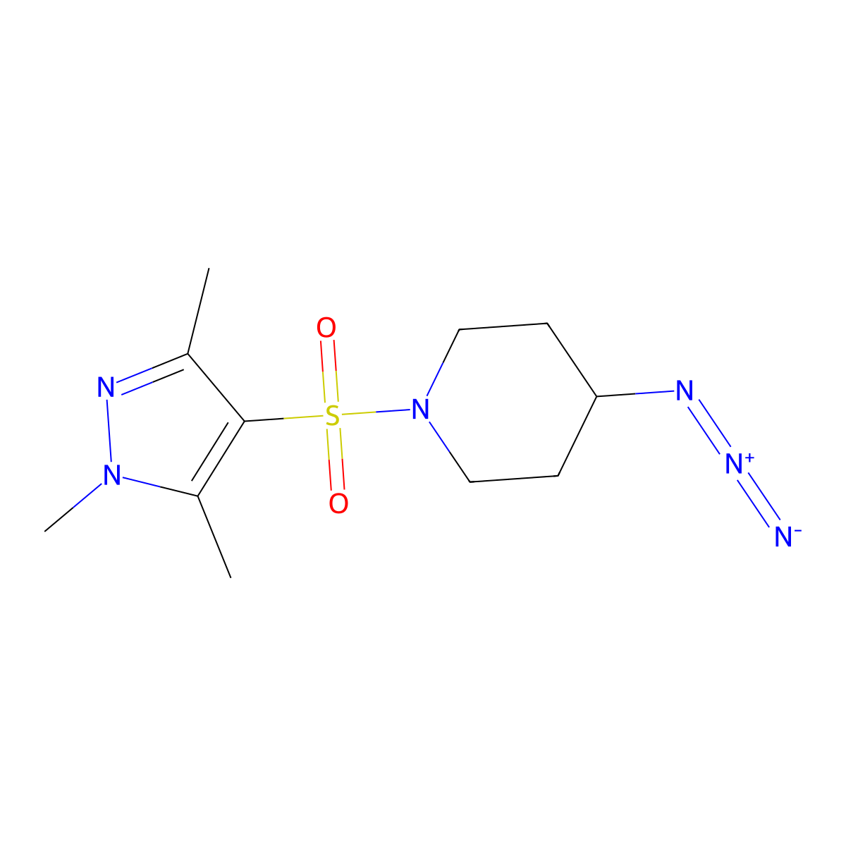 4-azido-1-[(1,3,5-trimethyl-1H-pyrazol-4-yl)sulfonyl]piperidine molecular structure, CAS 3054621-40-5
