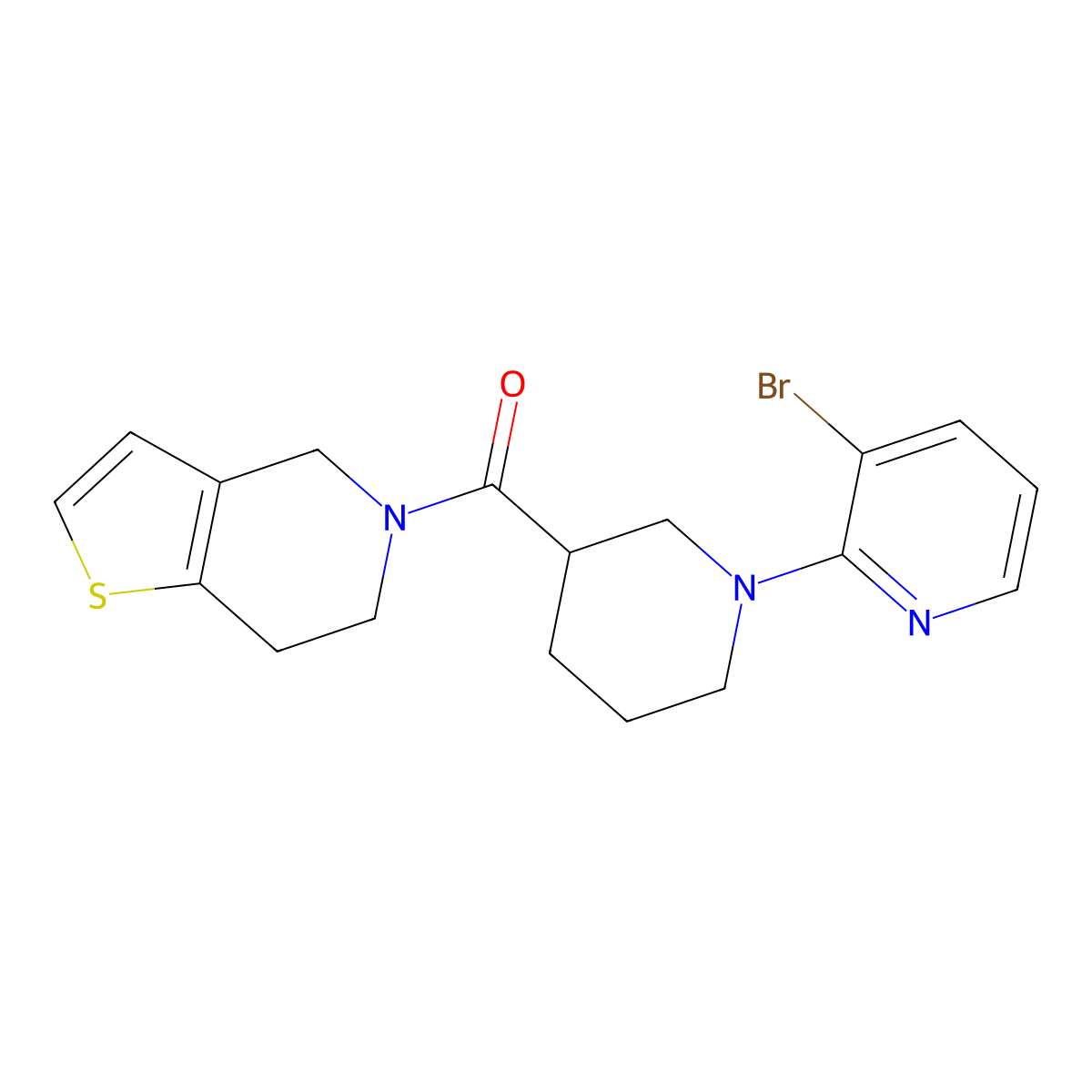 3-bromo-2-(3-{4H,5H,6H,7H-thieno[3,2-c]pyridine-5-carbonyl}piperidin-1-yl)pyridine molecular structure, CAS 3054621-43-8