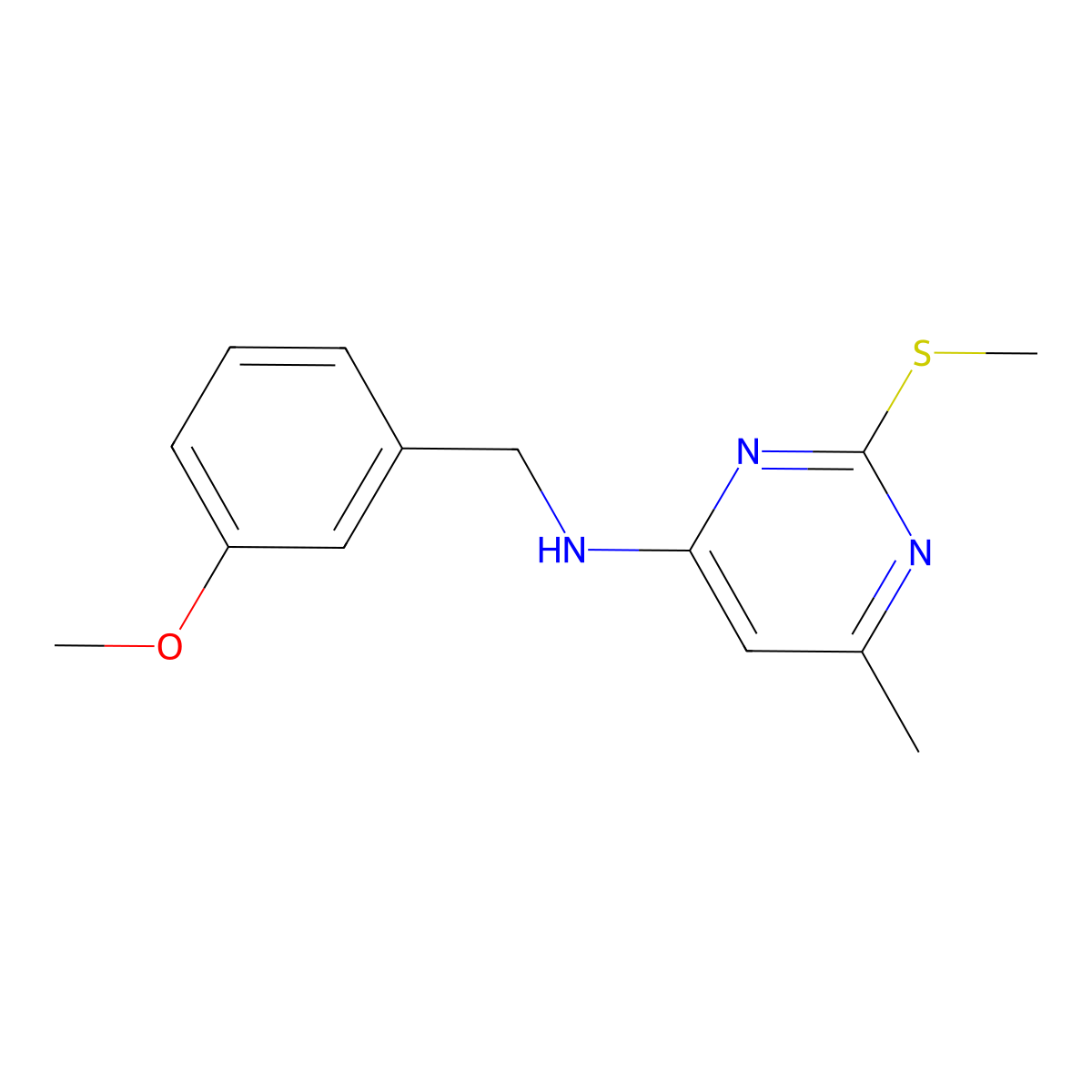 N-[(3-methoxyphenyl)methyl]-6-methyl-2-(methylsulfanyl)pyrimidin-4-amine molecular structure, CAS 3054621-50-7