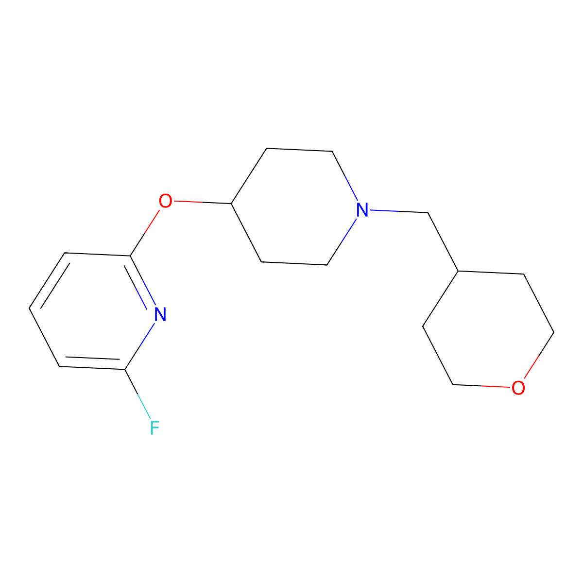 2-Fluoro-6-({1-[(oxan-4-yl)methyl]piperidin-4-yl}oxy)pyridine molecular structure, CAS 3054621-54-1