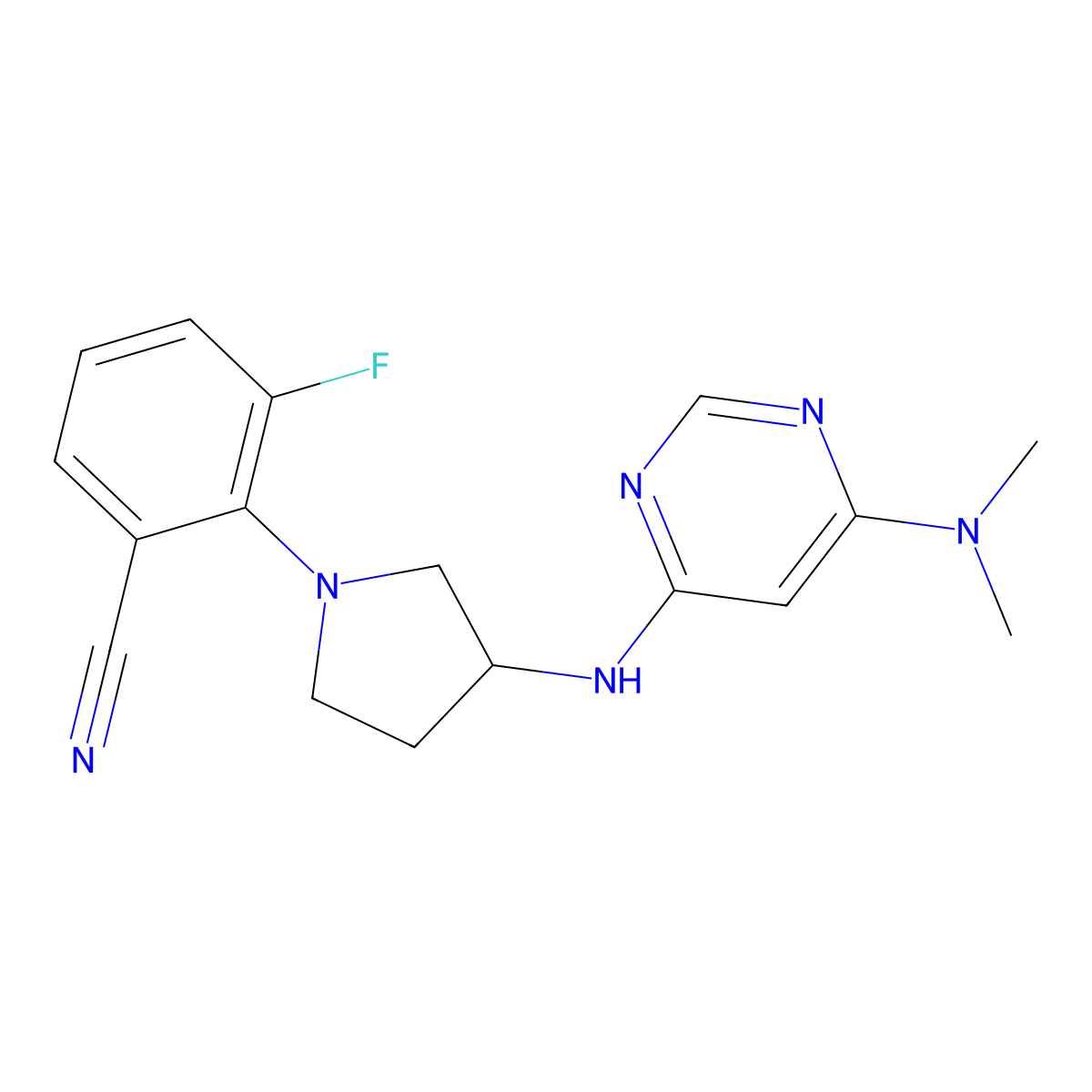 2-(3-{[6-(Dimethylamino)pyrimidin-4-yl]amino}pyrrolidin-1-yl)-3-fluorobenzonitrile molecular structure, CAS 3054621-59-6