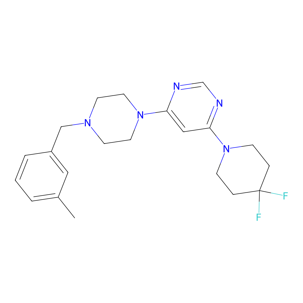 4-(4,4-Difluoropiperidin-1-yl)-6-{4-[(3-methylphenyl)methyl]piperazin-1-yl}pyrimidine molecular structure, CAS 3054621-60-9