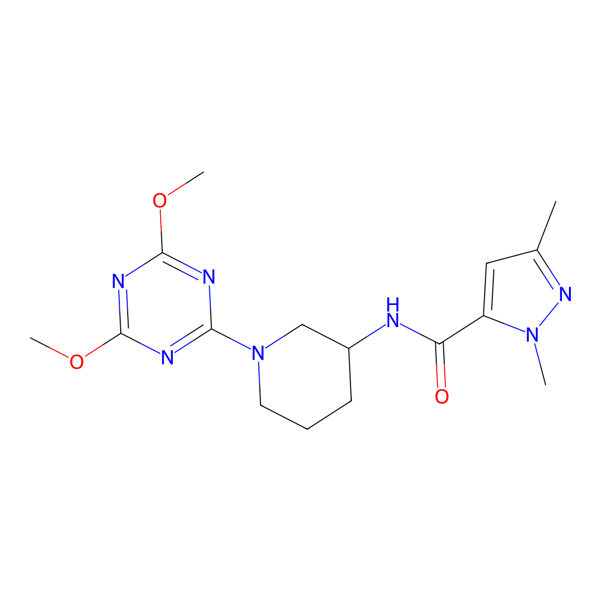 N-[1-(4,6-dimethoxy-1,3,5-triazin-2-yl)piperidin-3-yl]-1,3-dimethyl-1H-pyrazole-5-carboxamide molecular structure, CAS 3054621-71-2
