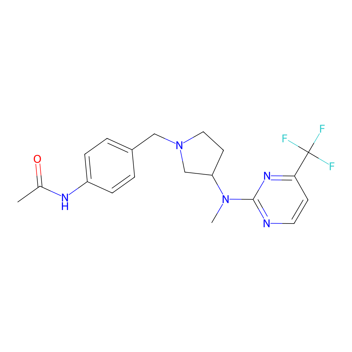 N-{4-[(3-{methyl[4-(trifluoromethyl)pyrimidin-2-yl]amino}pyrrolidin-1-yl)methyl]phenyl}acetamide molecular structure, CAS 3054621-77-8