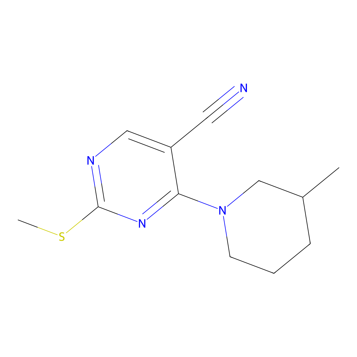 4-(3-Methylpiperidin-1-yl)-2-(methylsulfanyl)pyrimidine-5-carbonitrile molecular structure, CAS 3054621-80-3