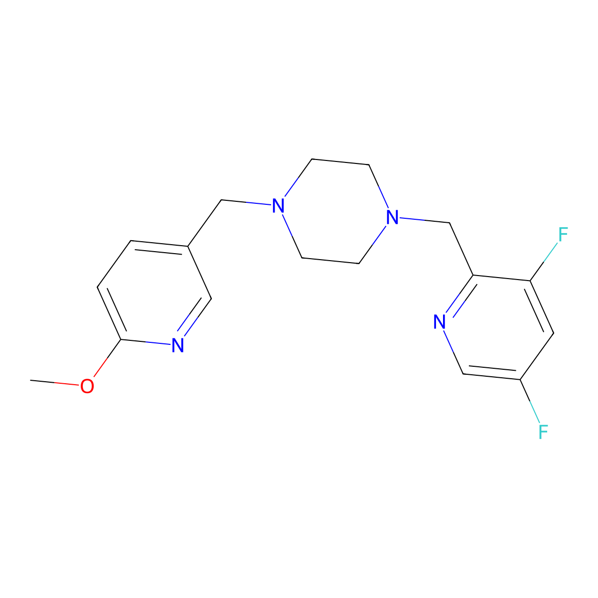 1-[(3,5-Difluoropyridin-2-yl)methyl]-4-[(6-methoxypyridin-3-yl)methyl]piperazine molecular structure, CAS 3054621-85-8