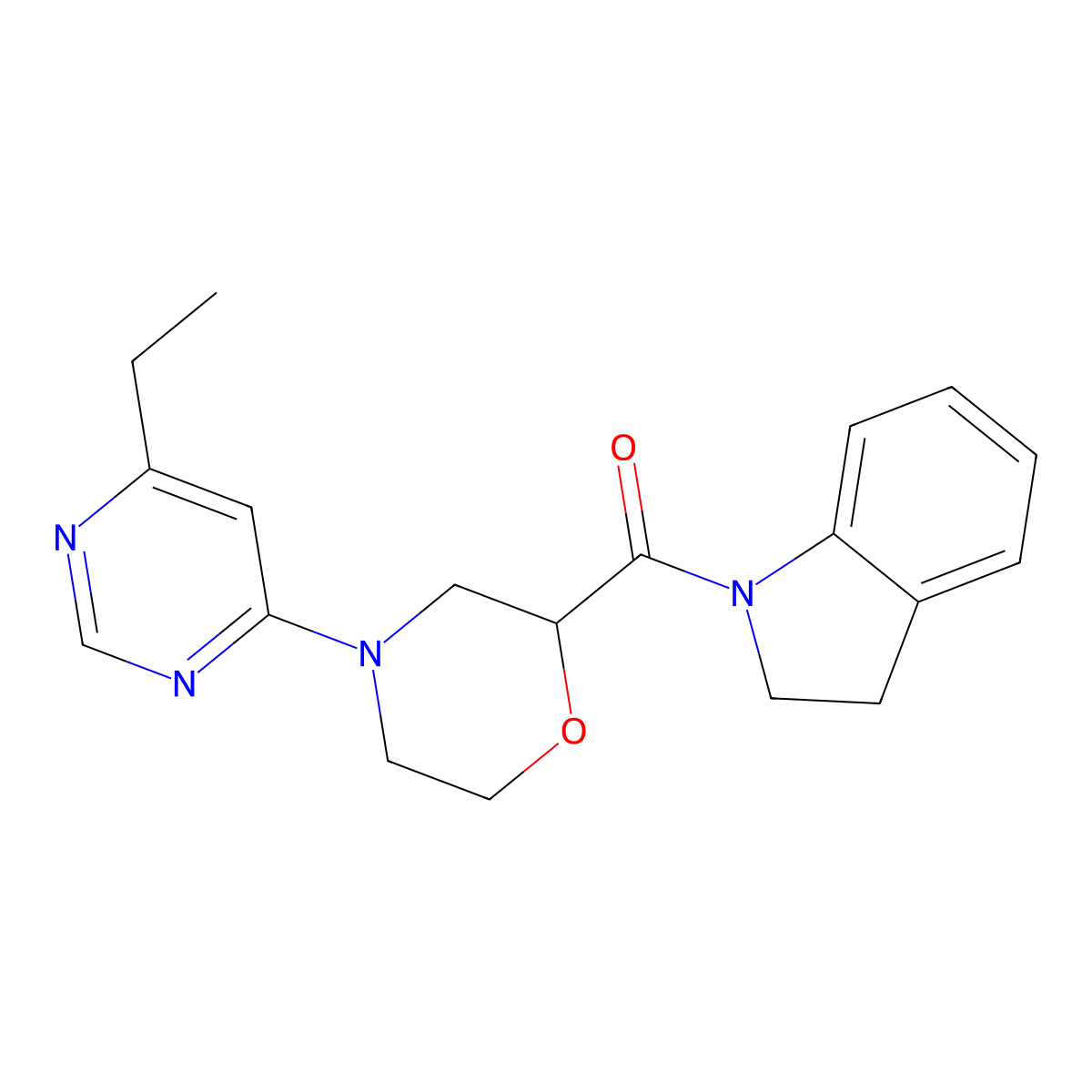 1-[4-(6-ethylpyrimidin-4-yl)morpholine-2-carbonyl]-2,3-dihydro-1H-indole molecular structure, CAS 3054621-89-2