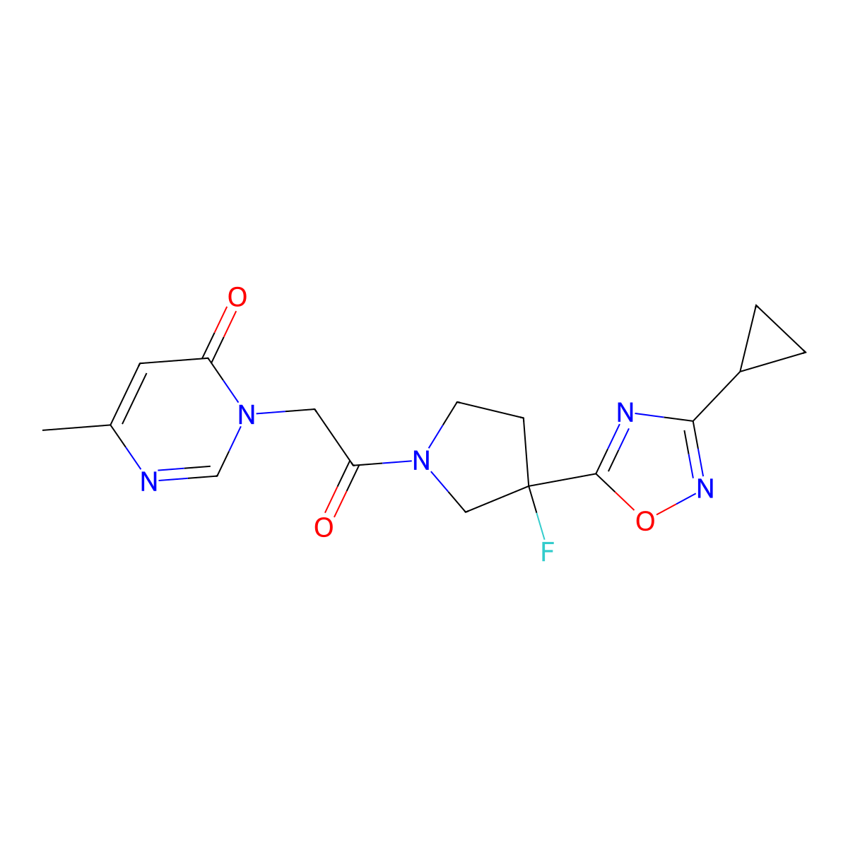 3-{2-[3-(3-Cyclopropyl-1,2,4-oxadiazol-5-yl)-3-fluoropyrrolidin-1-yl]-2-oxoethyl}-6-methyl-3,4-dihydropyrimidin-4-one molecular structure, CAS 3054621-92-7
