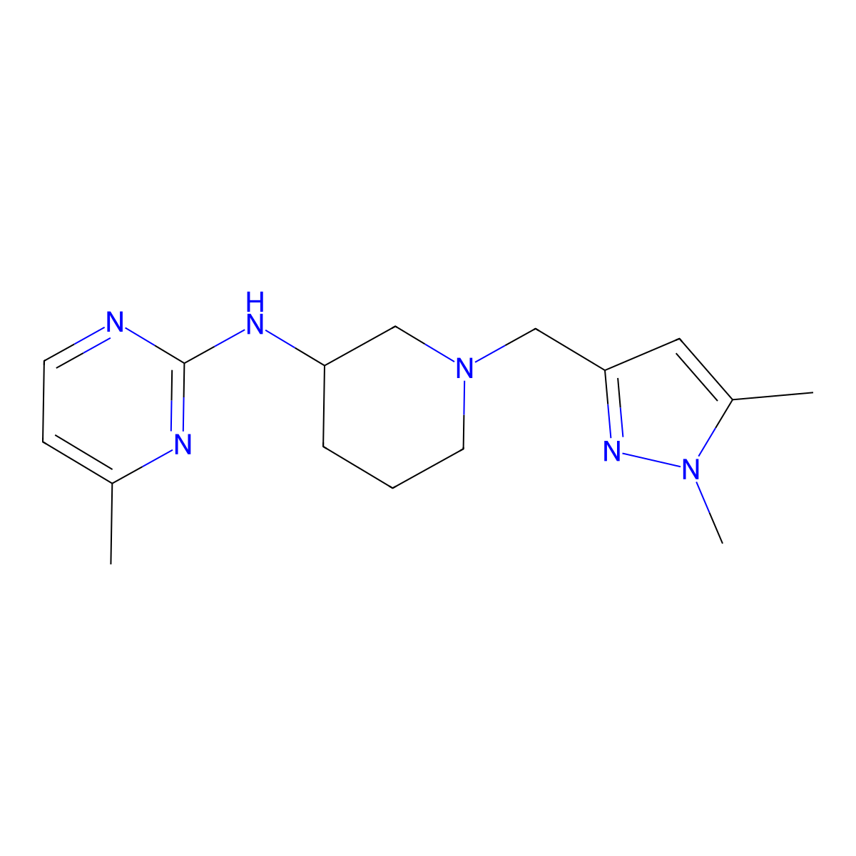 N-[1-[(1,5-dimethylpyrazol-3-yl)methyl]piperidin-3-yl]-4-methylpyrimidin-2-amine molecular structure, CAS 3054621-93-8