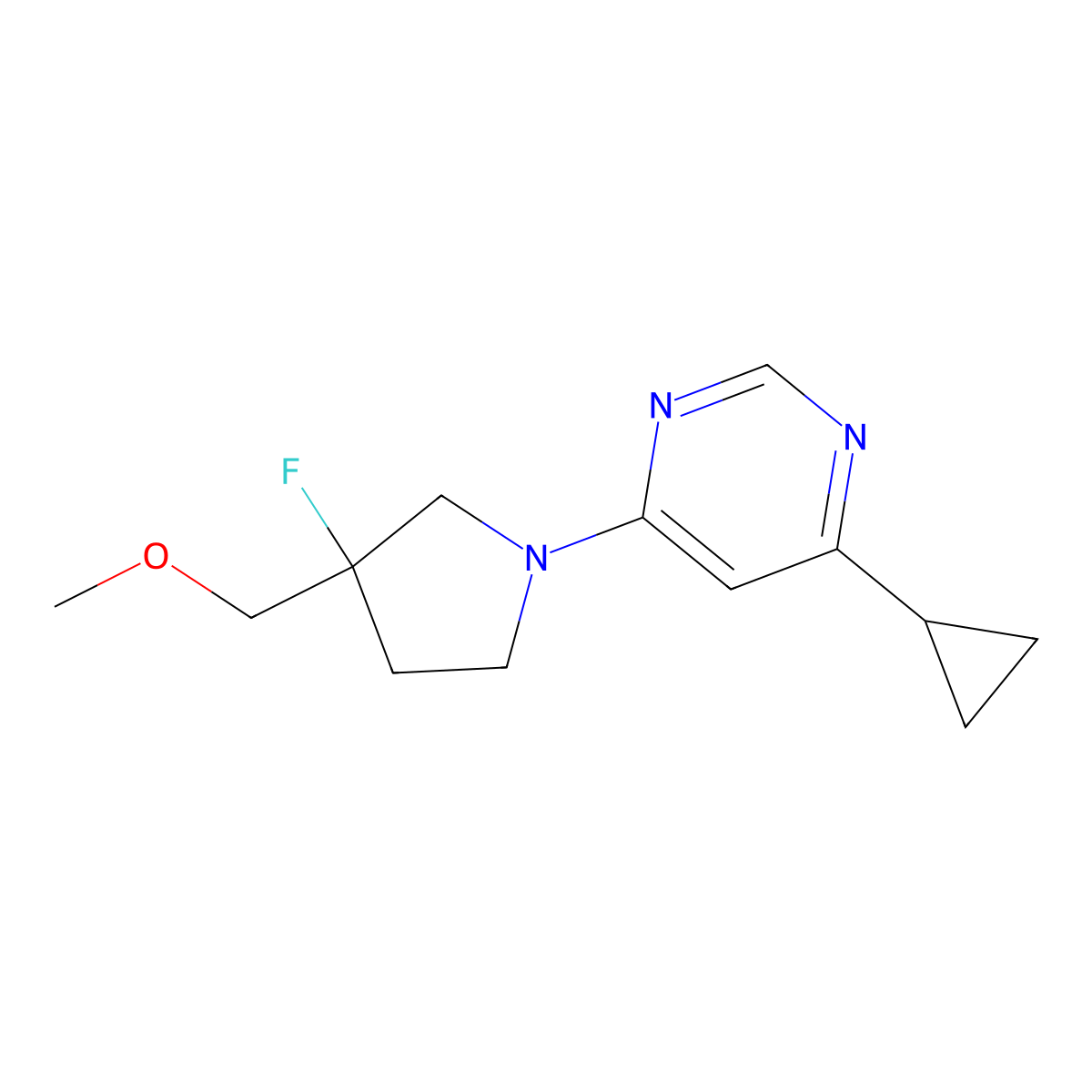 4-Cyclopropyl-6-[3-fluoro-3-(methoxymethyl)pyrrolidin-1-yl]pyrimidine molecular structure, CAS 3054621-95-0