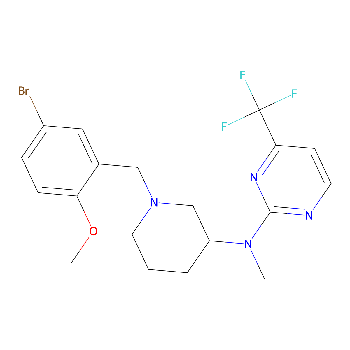 N-{1-[(5-bromo-2-methoxyphenyl)methyl]piperidin-3-yl}-N-methyl-4-(trifluoromethyl)pyrimidin-2-amine molecular structure, CAS 3054621-96-1